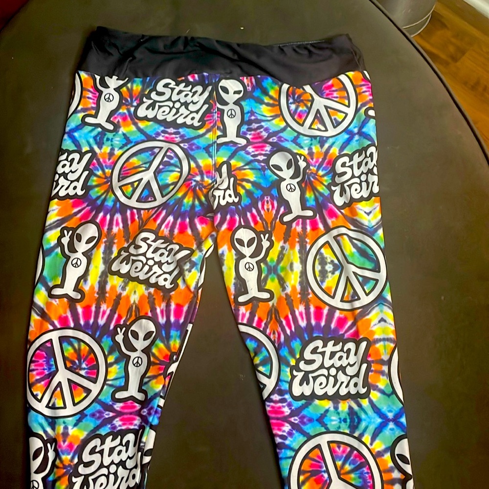 Peace and Stay Weird Leggings Hippie Elastic High Waist Colorful Pants